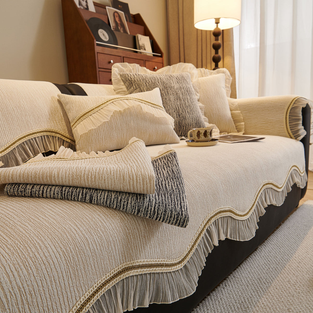 French Vintage Style Couch Cover with Skirt, Non-Slip Sectional Furniture Covers