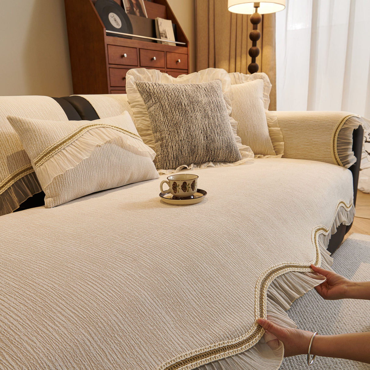 French Vintage Style Couch Cover with Skirt, Non-Slip Sectional Furniture Covers