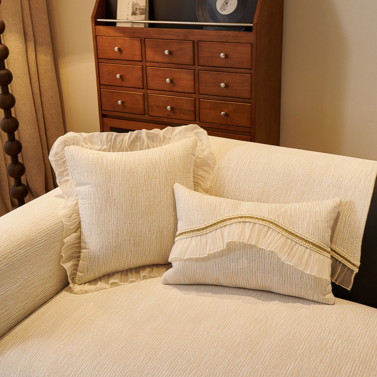 French Vintage Style Couch Cover with Skirt, Non-Slip Sectional Furniture Covers