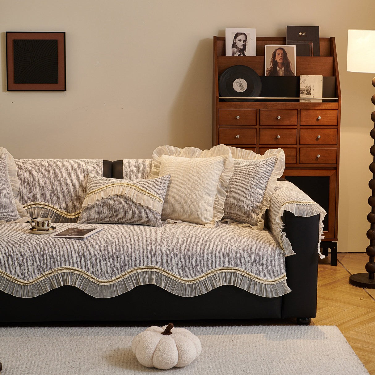 French Vintage Style Couch Cover with Skirt, Non-Slip Sectional Furniture Covers