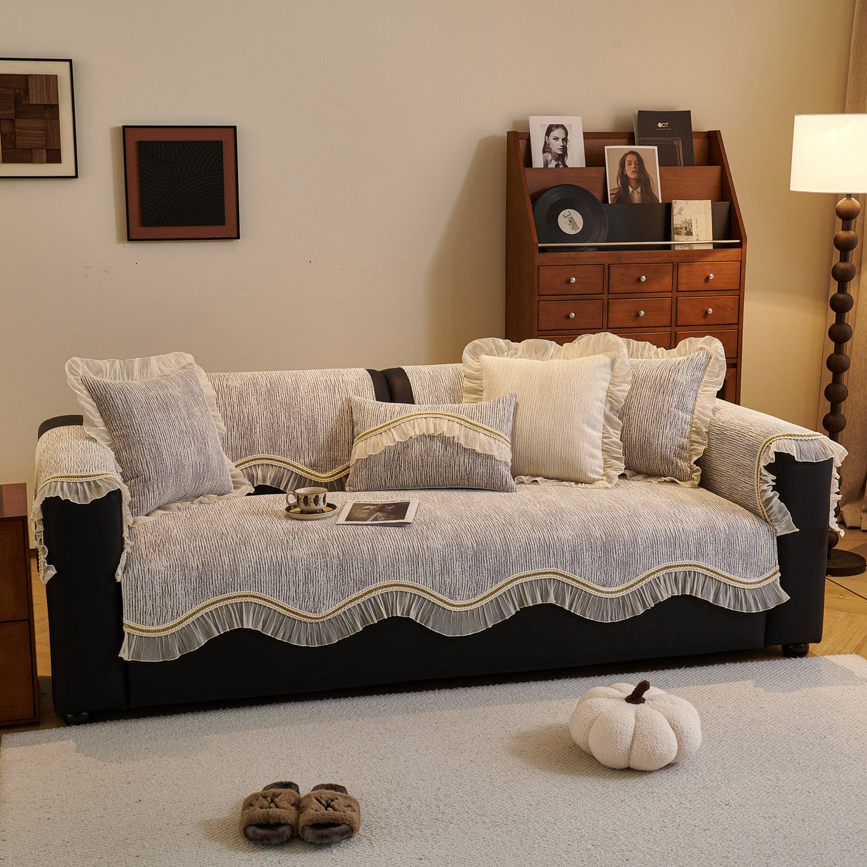 French Vintage Style Couch Cover with Skirt, Non-Slip Sectional Furniture Covers