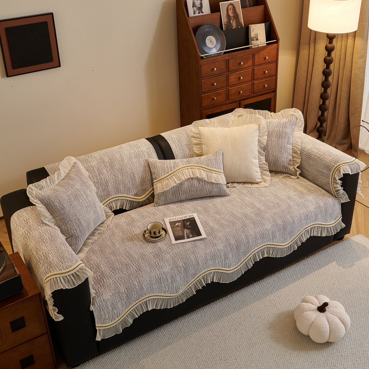 French Vintage Style Couch Cover with Skirt, Non-Slip Sectional Furniture Covers