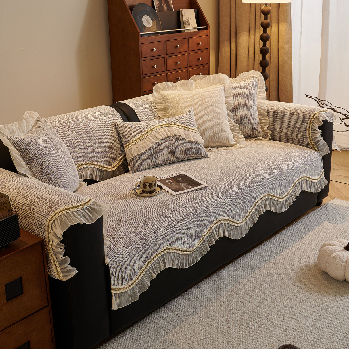 French Vintage Style Couch Cover with Skirt, Non-Slip Sectional Furniture Covers