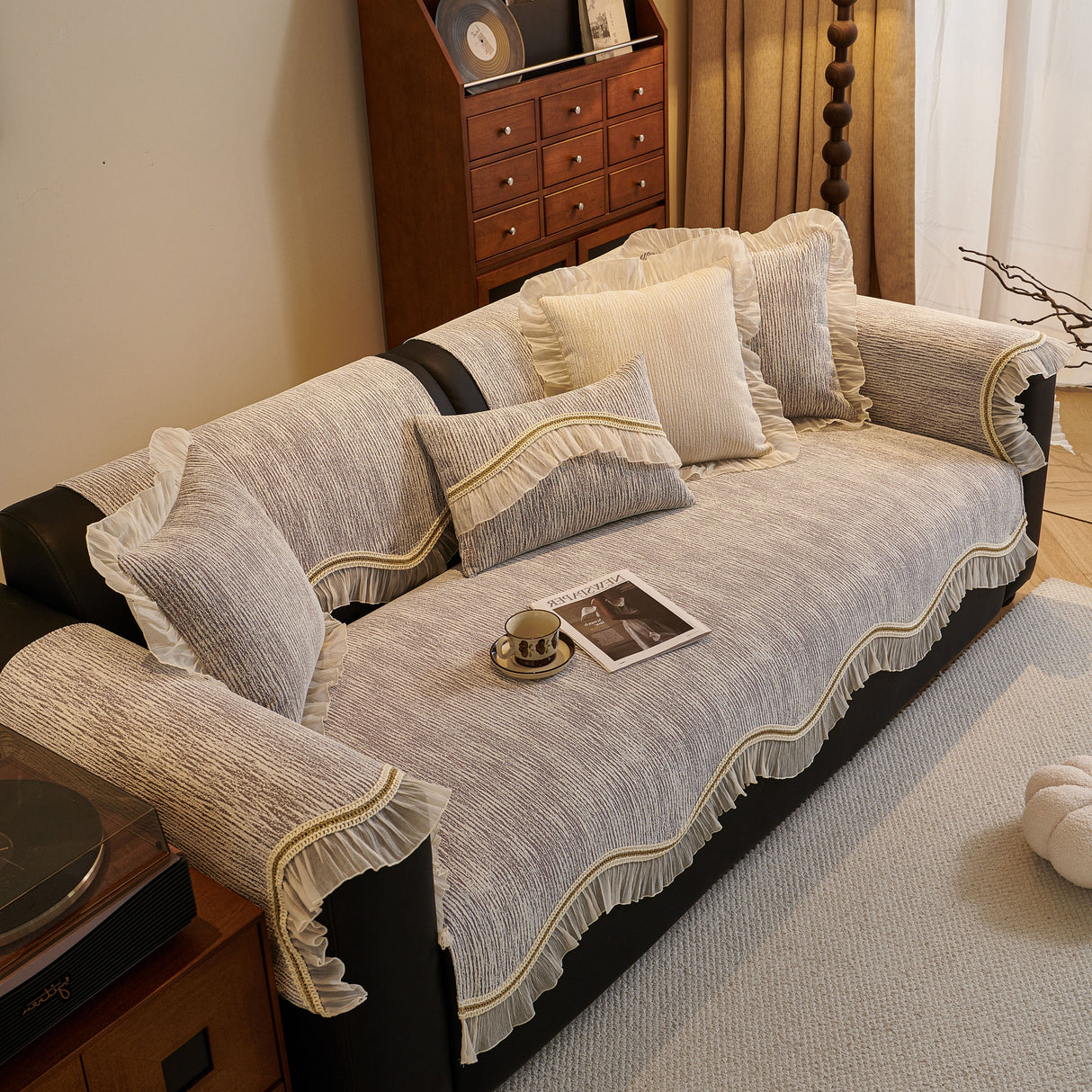 French Vintage Style Couch Cover with Skirt, Non-Slip Sectional Furniture Covers