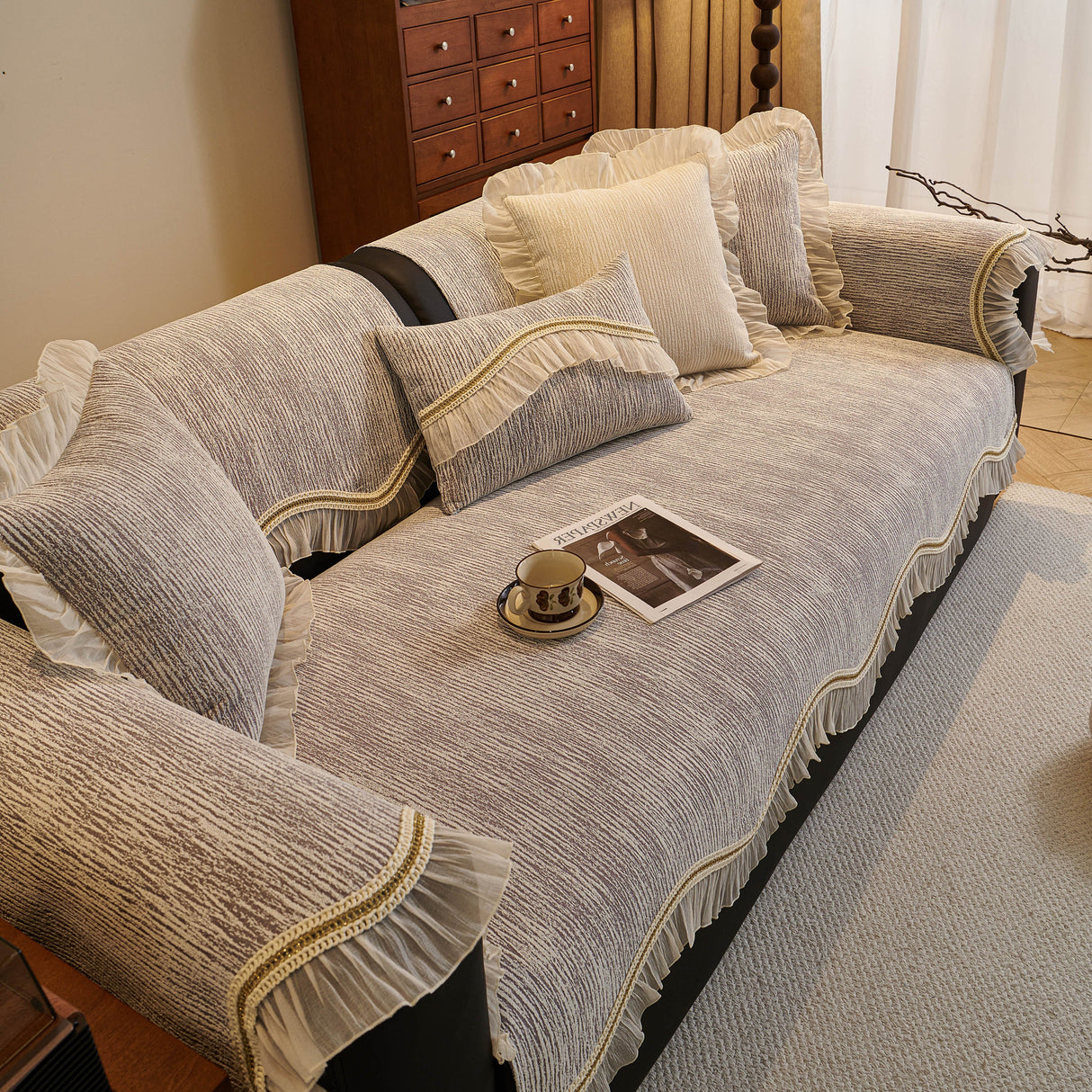 French Vintage Style Couch Cover with Skirt, Non-Slip Sectional Furniture Covers