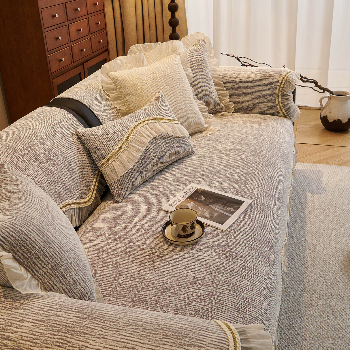 French Vintage Style Couch Cover with Skirt, Non-Slip Sectional Furniture Covers