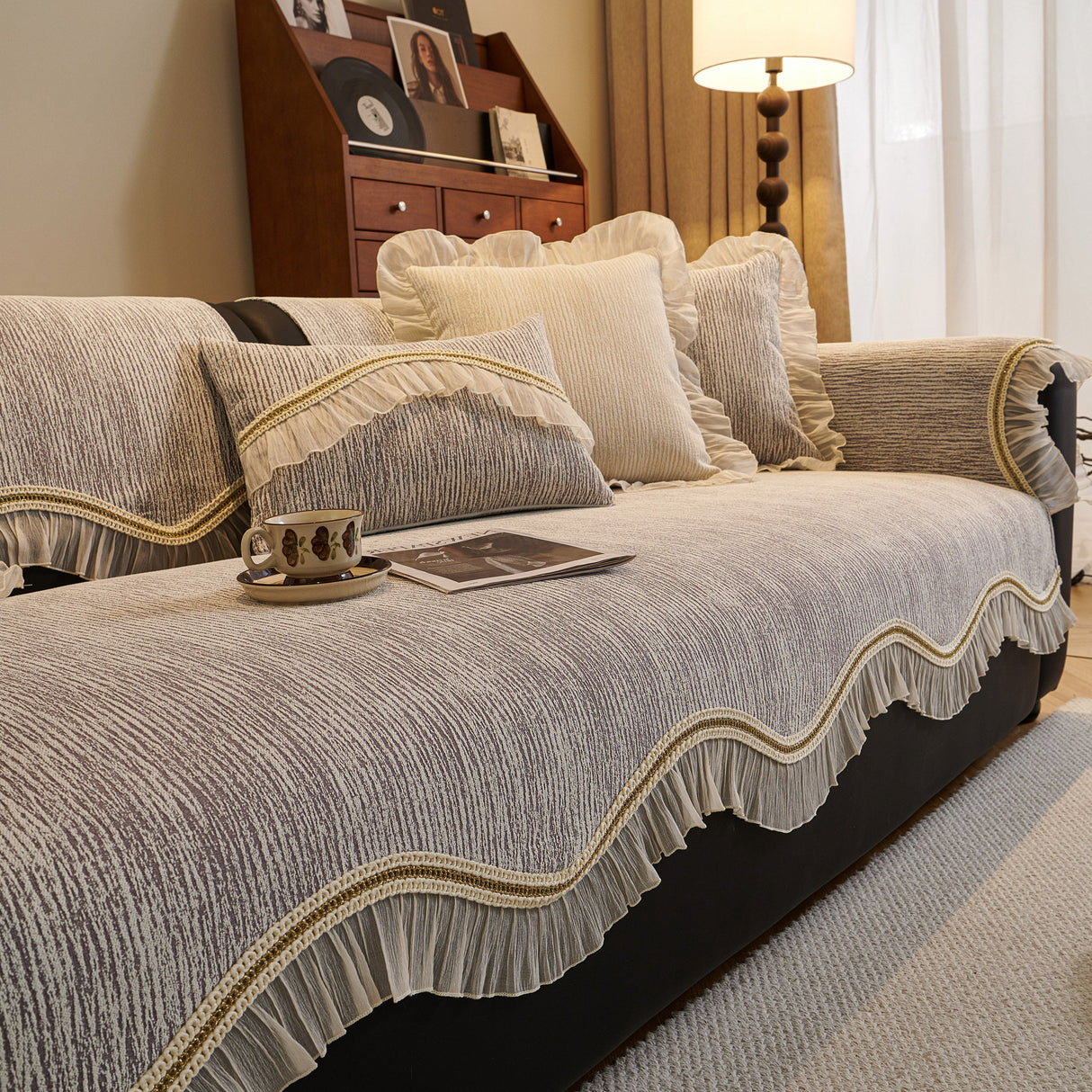 French Vintage Style Couch Cover with Skirt, Non-Slip Sectional Furniture Covers