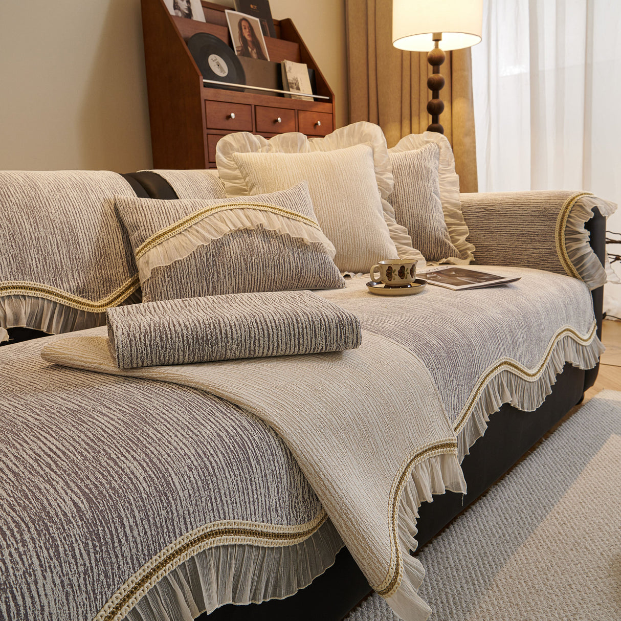 French Vintage Style Couch Cover with Skirt, Non-Slip Sectional Furniture Covers