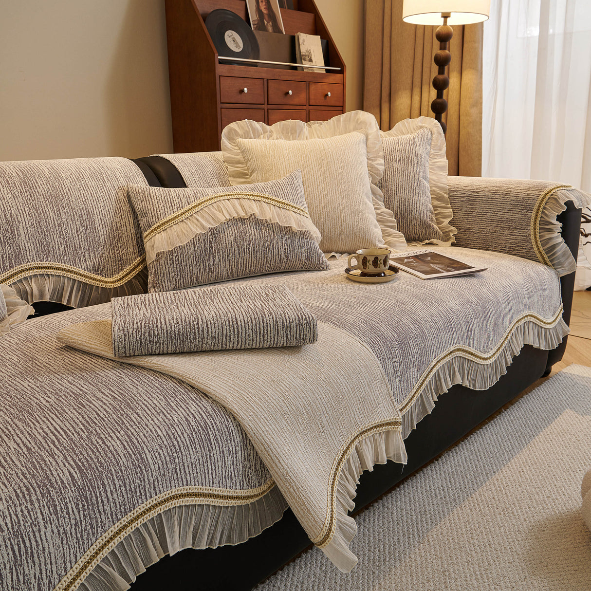 French Vintage Style Couch Cover with Skirt, Non-Slip Sectional Furniture Covers