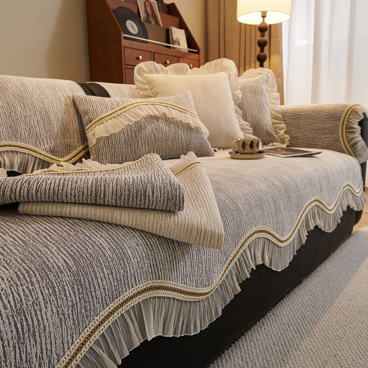 French Vintage Style Couch Cover with Skirt, Non-Slip Sectional Furniture Covers