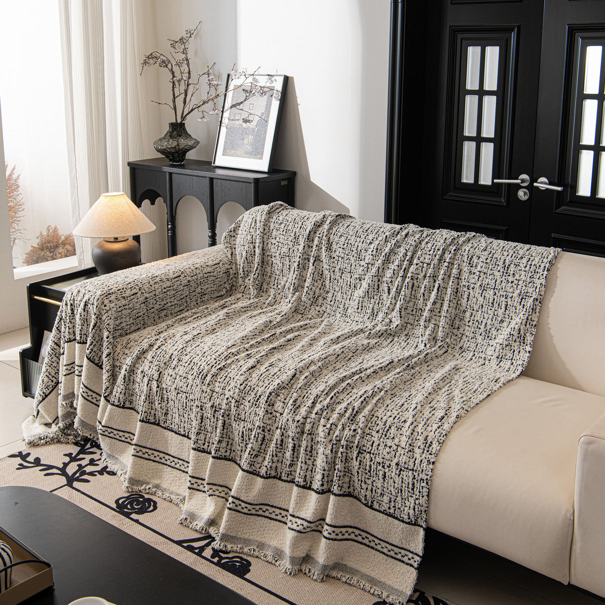 Textured Woven Furniture Protector for Couch, Rustic Farmhouse Sofa Throw Blanket