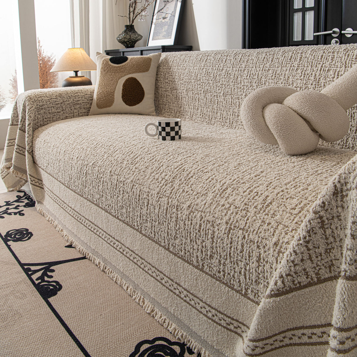 Textured Woven Furniture Protector for Couch, Rustic Farmhouse Sofa Throw Blanket