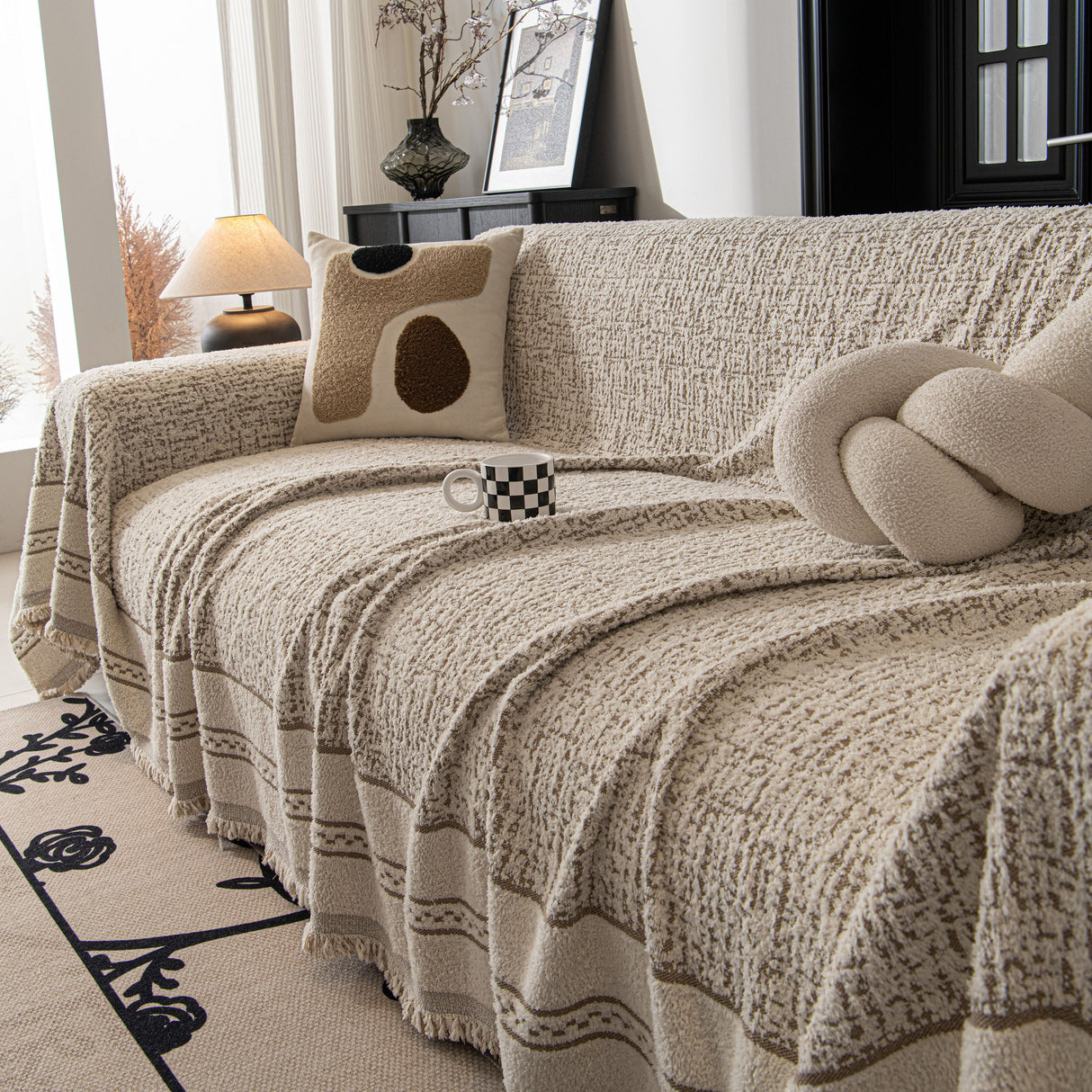 Textured Woven Furniture Protector for Couch, Rustic Farmhouse Sofa Throw Blanket