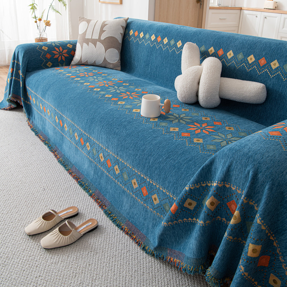 Bohemian Geometric Sofa Throw Cover, Cozy & Protective Ethnic-Inspired Couch Cover