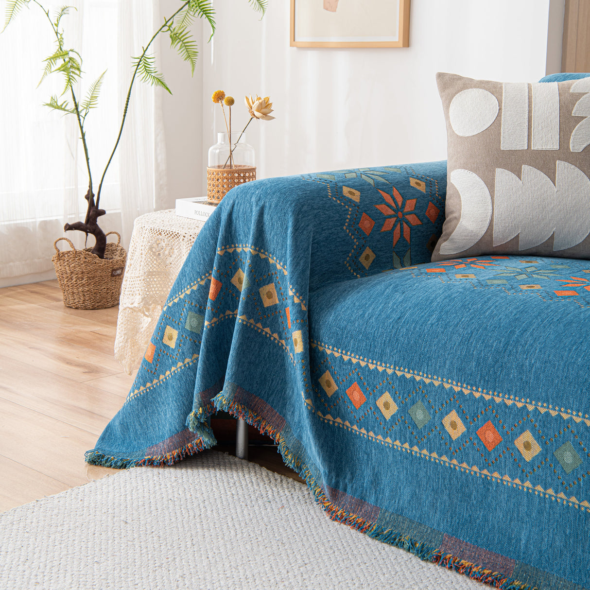 Bohemian Geometric Sofa Throw Cover, Cozy & Protective Ethnic-Inspired Couch Cover