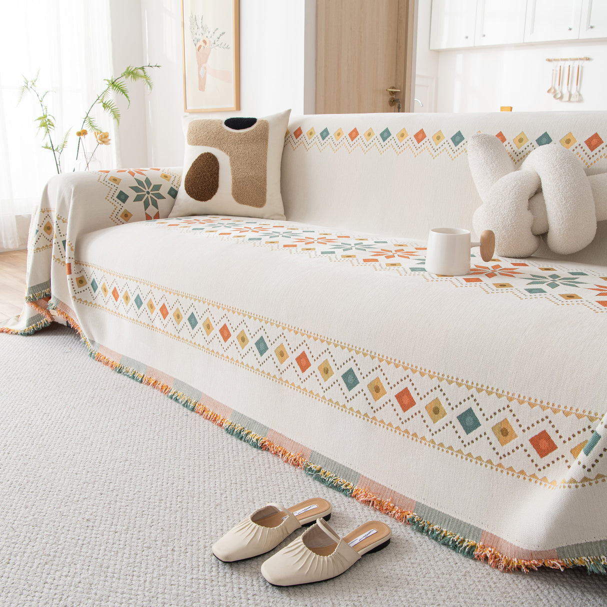 Bohemian Geometric Sofa Throw Cover, Cozy & Protective Ethnic-Inspired Couch Cover