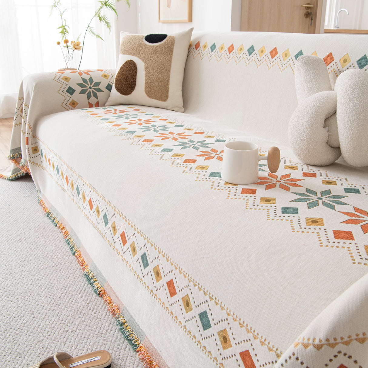 Bohemian Geometric Sofa Throw Cover, Cozy & Protective Ethnic-Inspired Couch Cover