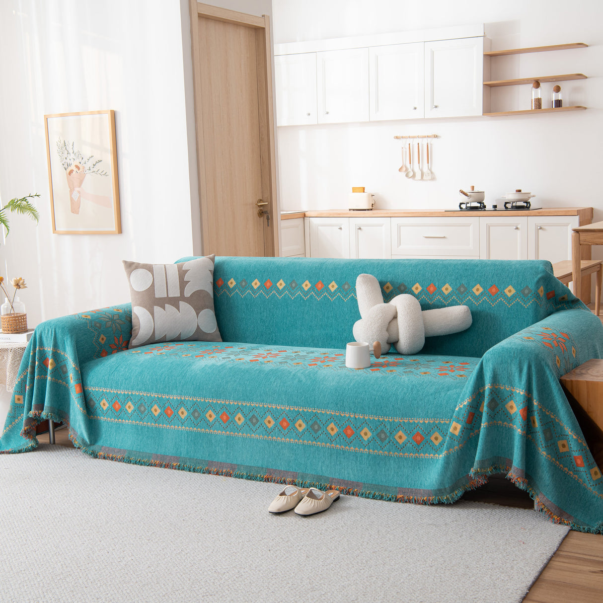 Bohemian Geometric Sofa Throw Cover, Cozy & Protective Ethnic-Inspired Couch Cover