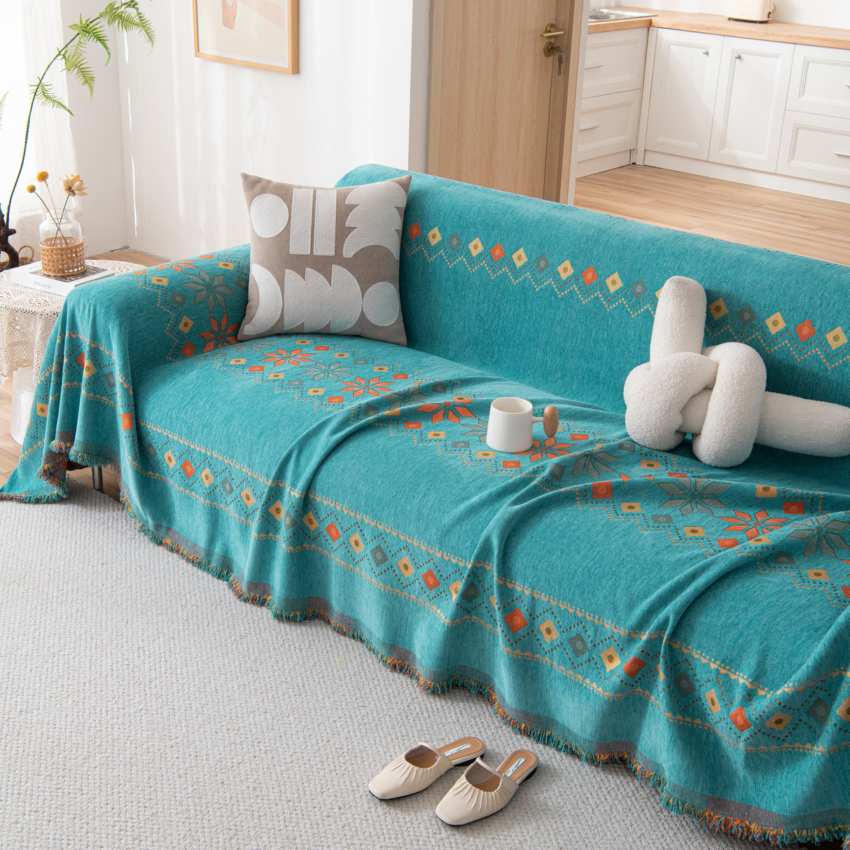 Bohemian Geometric Sofa Throw Cover, Cozy & Protective Ethnic-Inspired Couch Cover