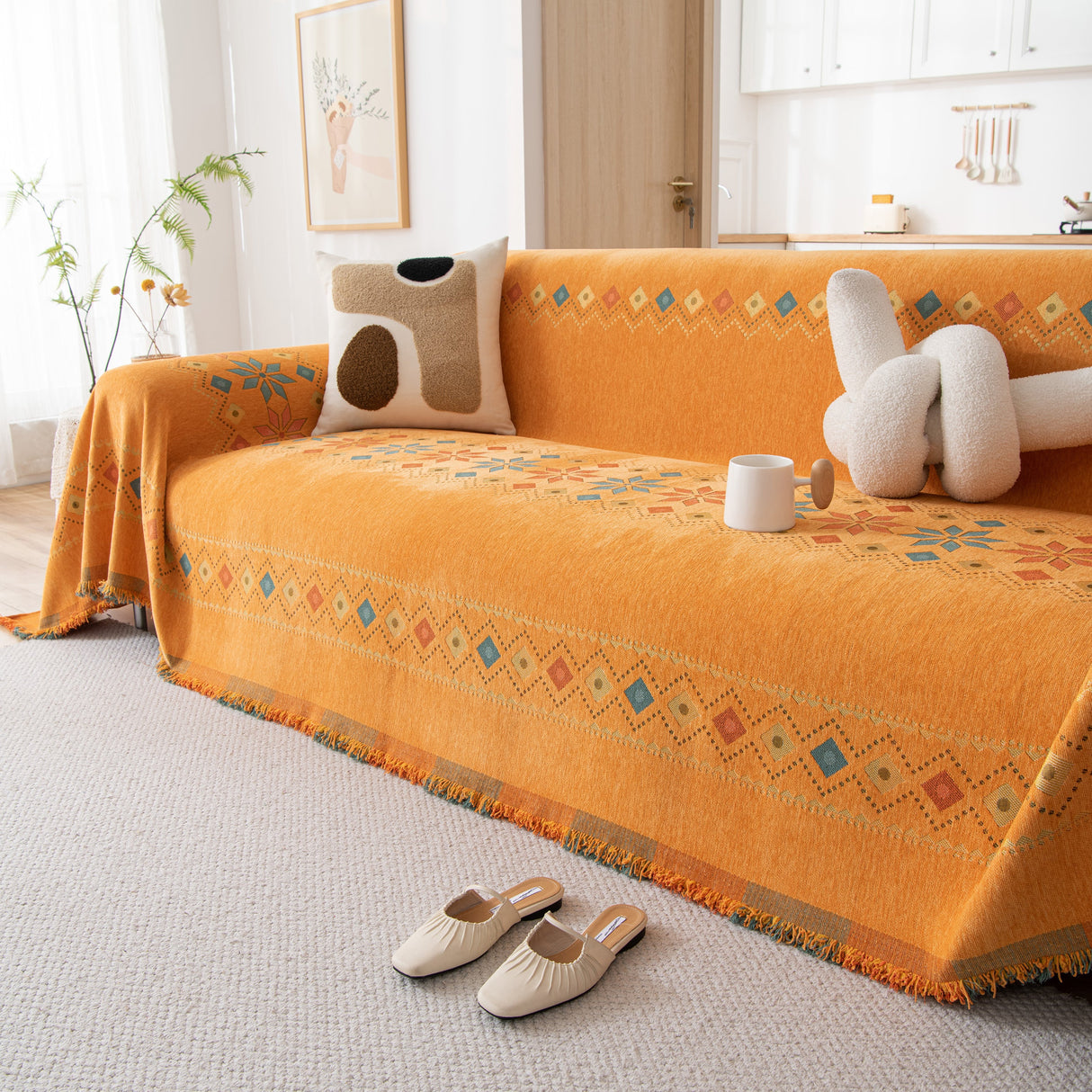 Bohemian Geometric Sofa Throw Cover, Cozy & Protective Ethnic-Inspired Couch Cover