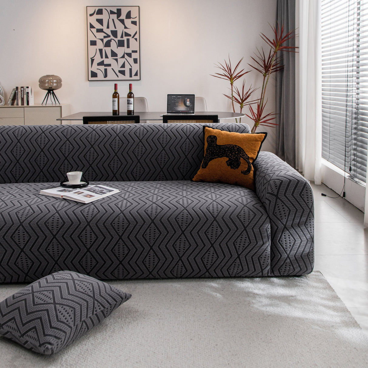Modern Geometric Jacquard Sofa Slipcover, High Stretch 1-Piece Textured Couch Cover