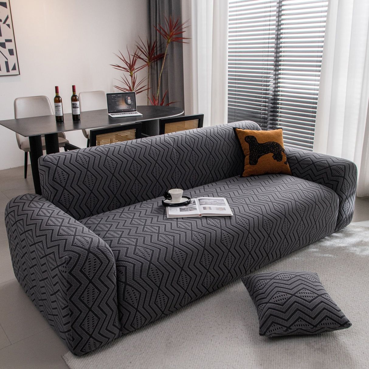 Modern Geometric Jacquard Sofa Slipcover, High Stretch 1-Piece Textured Couch Cover