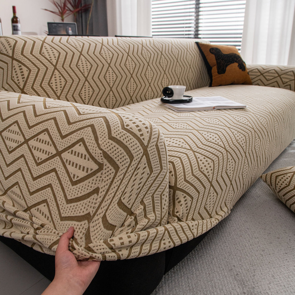 Modern Geometric Jacquard Sofa Slipcover, High Stretch 1-Piece Textured Couch Cover