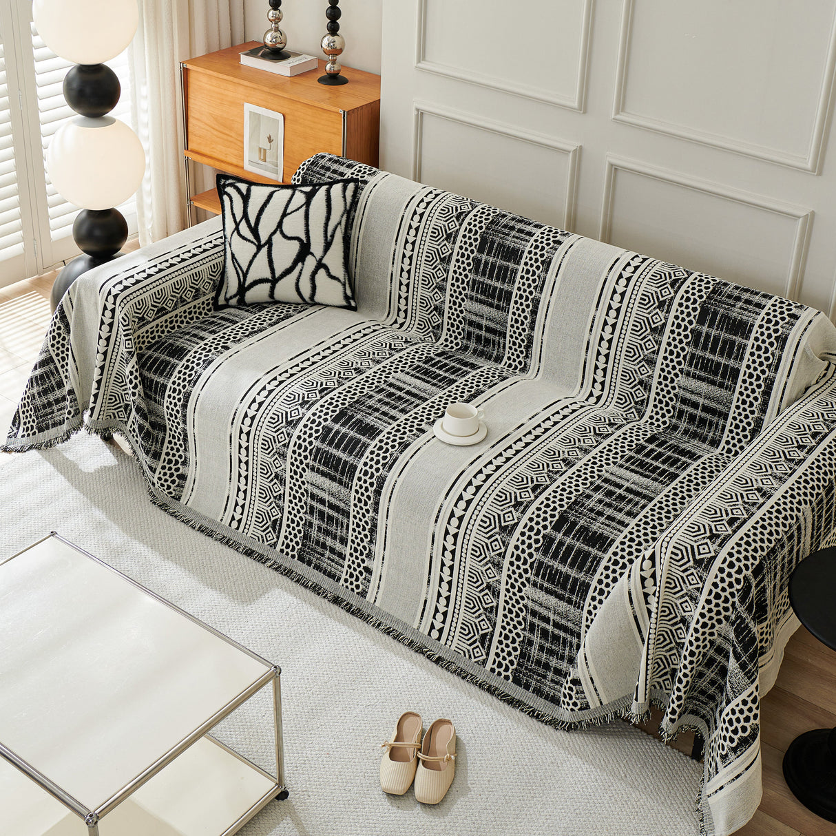 Chenille Sofa Cover Throw Blanket, Boho Geometric Scratch Proof Couch Protector