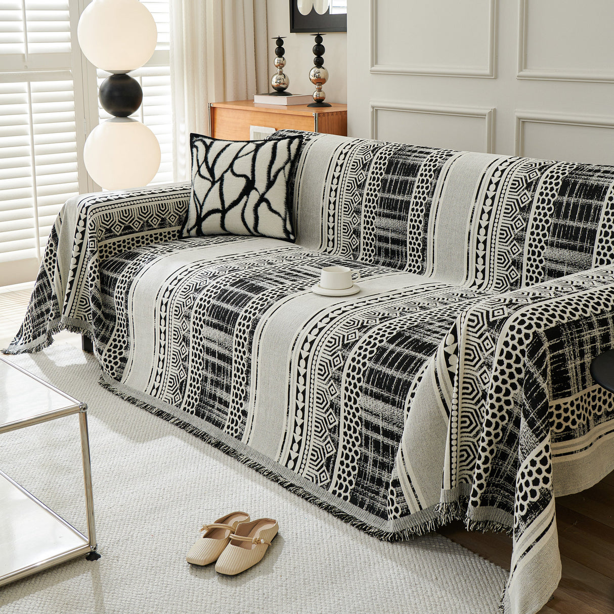 Chenille Sofa Cover Throw Blanket, Boho Geometric Scratch Proof Couch Protector