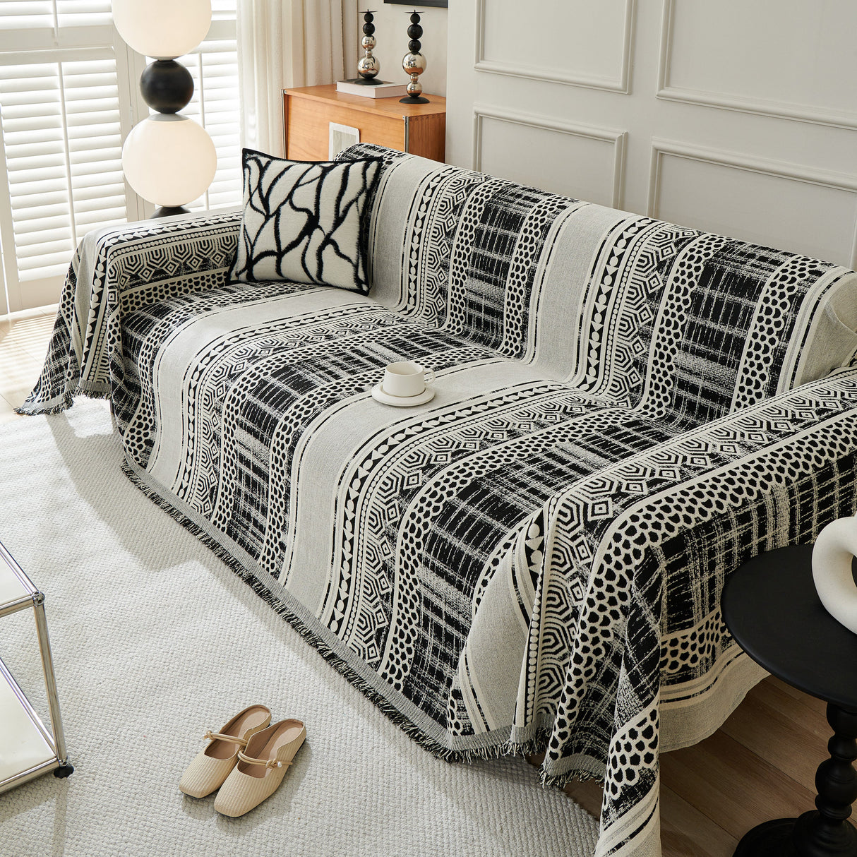 Chenille Sofa Cover Throw Blanket, Boho Geometric Scratch Proof Couch Protector