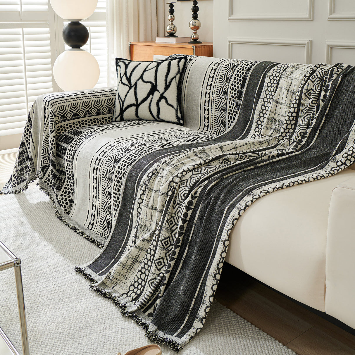Chenille Sofa Cover Throw Blanket, Boho Geometric Scratch Proof Couch Protector