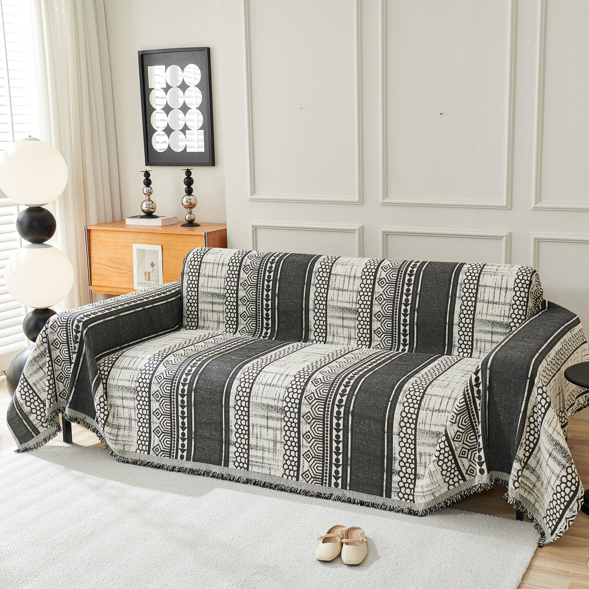 Chenille Sofa Cover Throw Blanket, Boho Geometric Scratch Proof Couch Protector