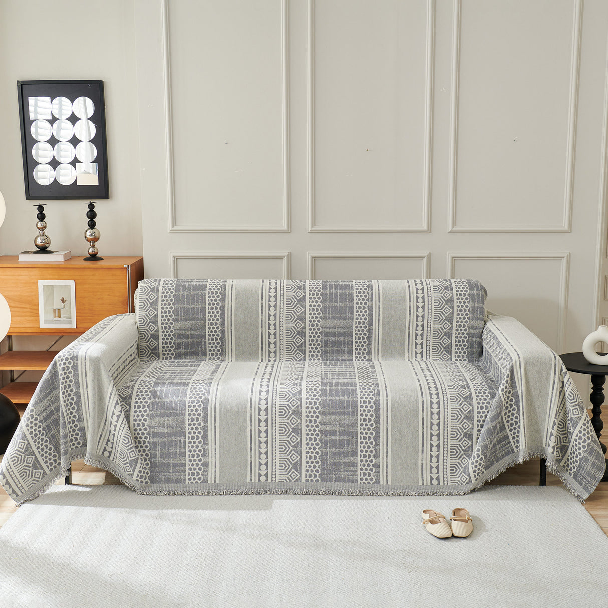 Chenille Sofa Cover Throw Blanket, Boho Geometric Scratch Proof Couch Protector