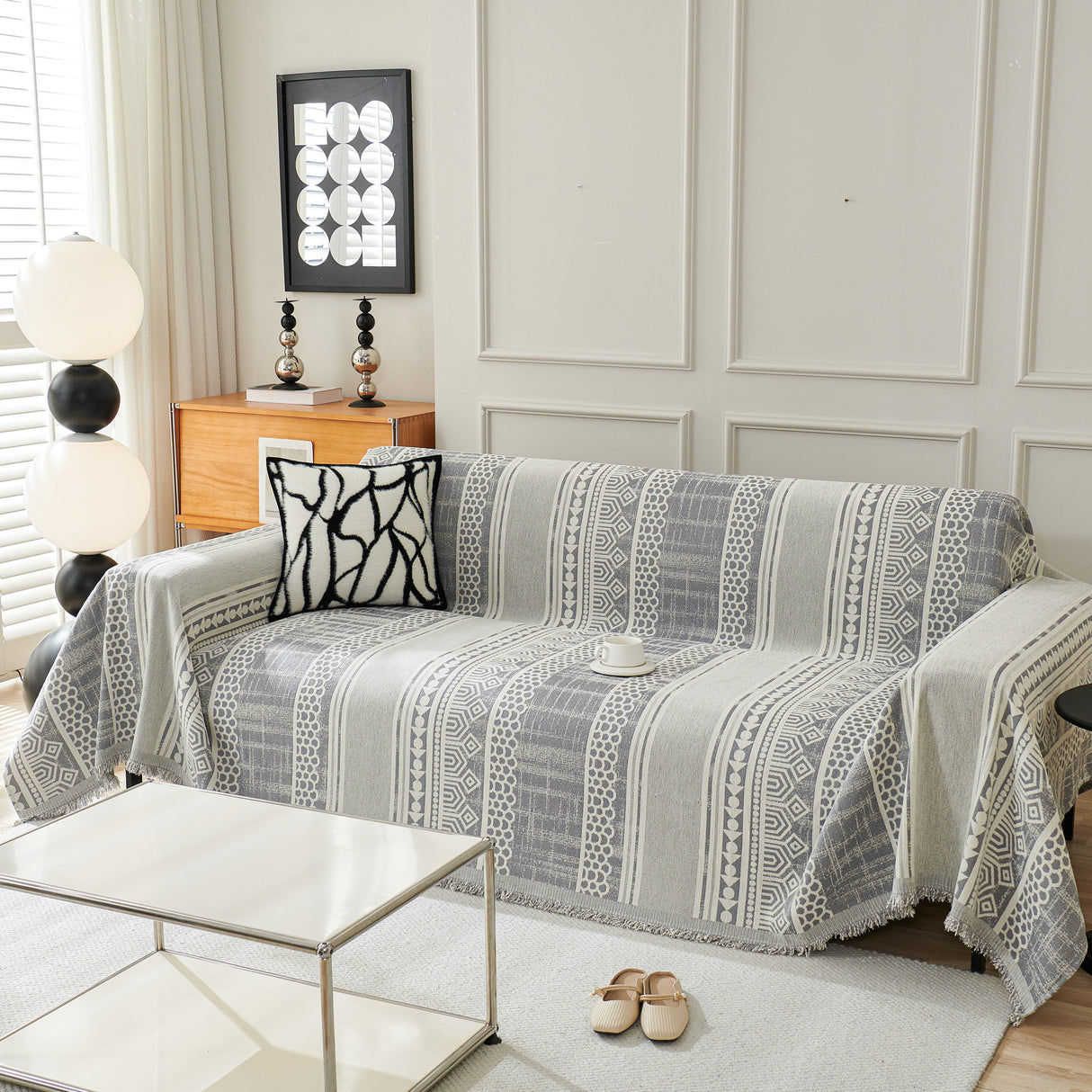 Chenille Sofa Cover Throw Blanket, Boho Geometric Scratch Proof Couch Protector