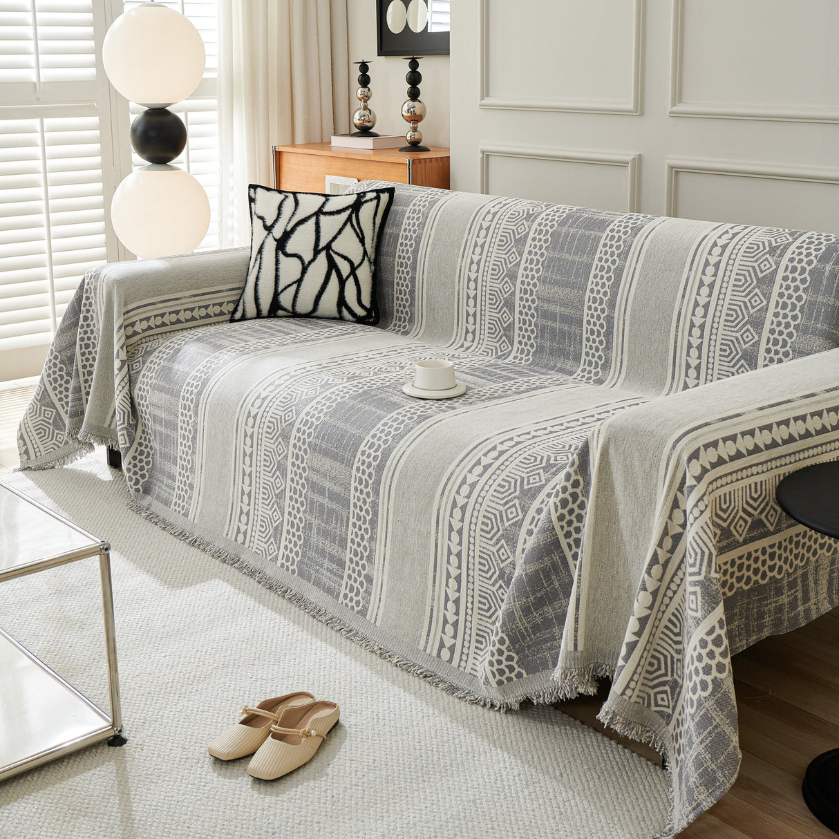 Chenille Sofa Cover Throw Blanket, Boho Geometric Scratch Proof Couch Protector