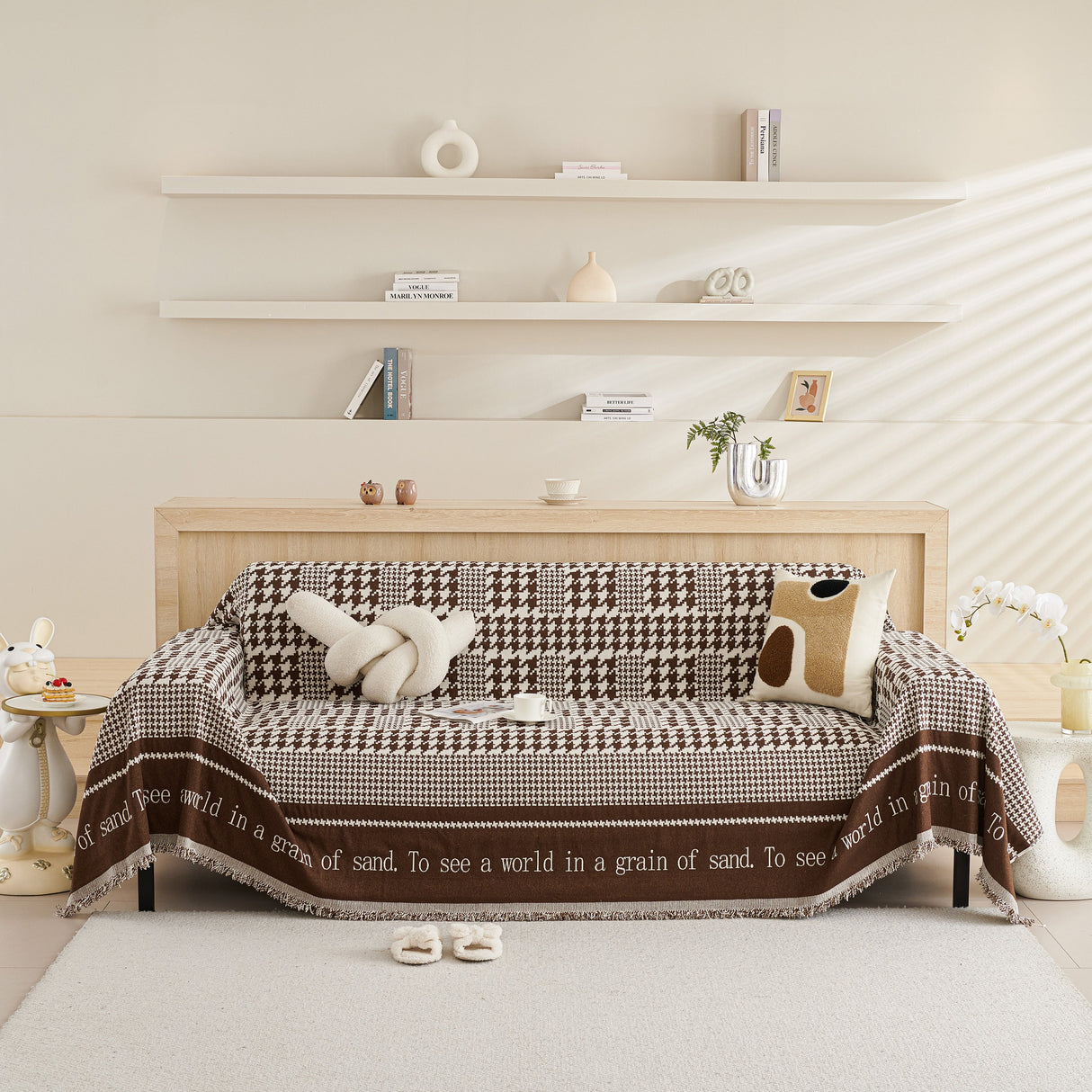 Chenille Houndstooth Couch Cover, Chaise Lounge Blanket Cover, Sectional Couch Scratch Protector