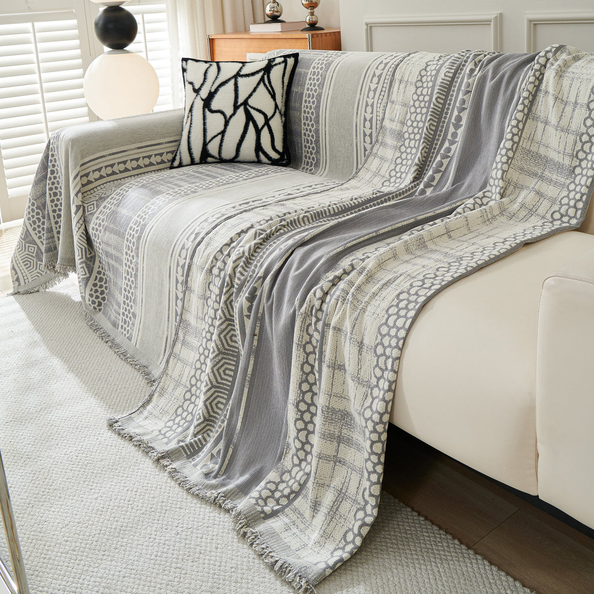 Chenille Sofa Cover Throw Blanket, Boho Geometric Scratch Proof Couch Protector