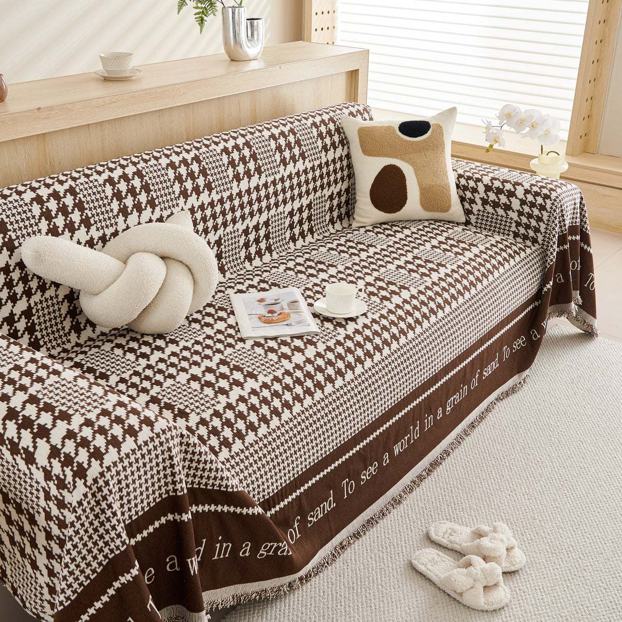 Chenille Houndstooth Couch Cover, Chaise Lounge Blanket Cover, Sectional Couch Scratch Protector