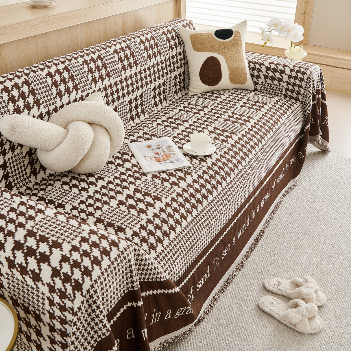 Chenille Houndstooth Couch Cover, Chaise Lounge Blanket Cover, Sectional Couch Scratch Protector