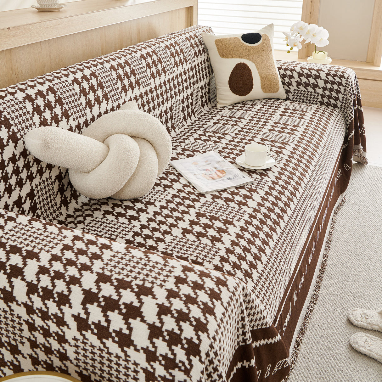Chenille Houndstooth Couch Cover, Chaise Lounge Blanket Cover, Sectional Couch Scratch Protector