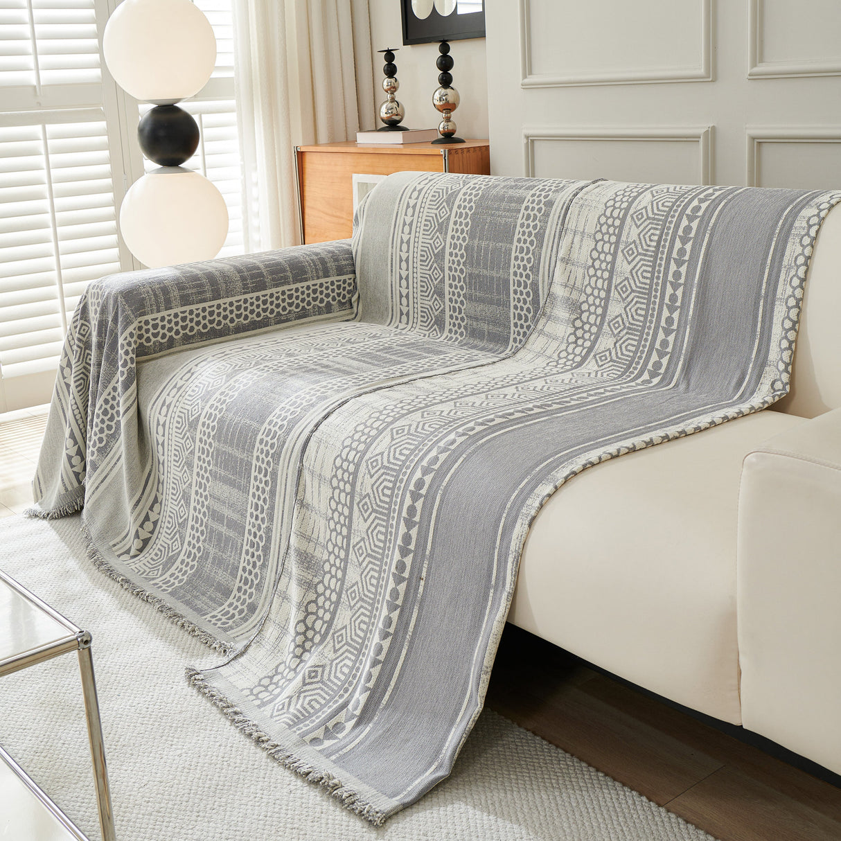 Chenille Sofa Cover Throw Blanket, Boho Geometric Scratch Proof Couch Protector
