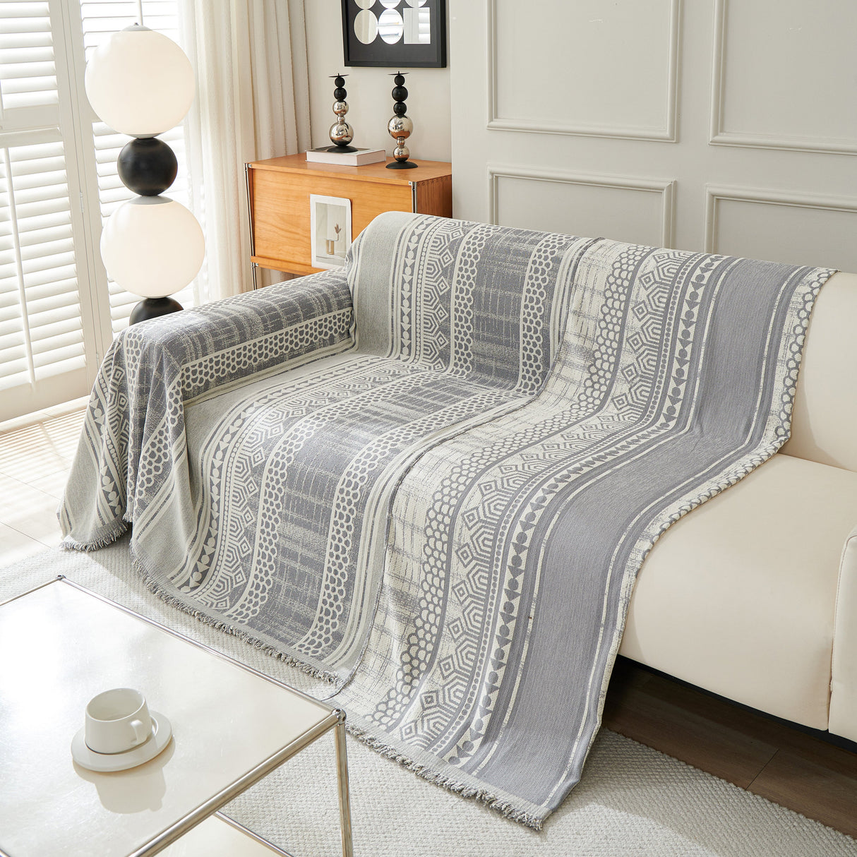 Chenille Sofa Cover Throw Blanket, Boho Geometric Scratch Proof Couch Protector