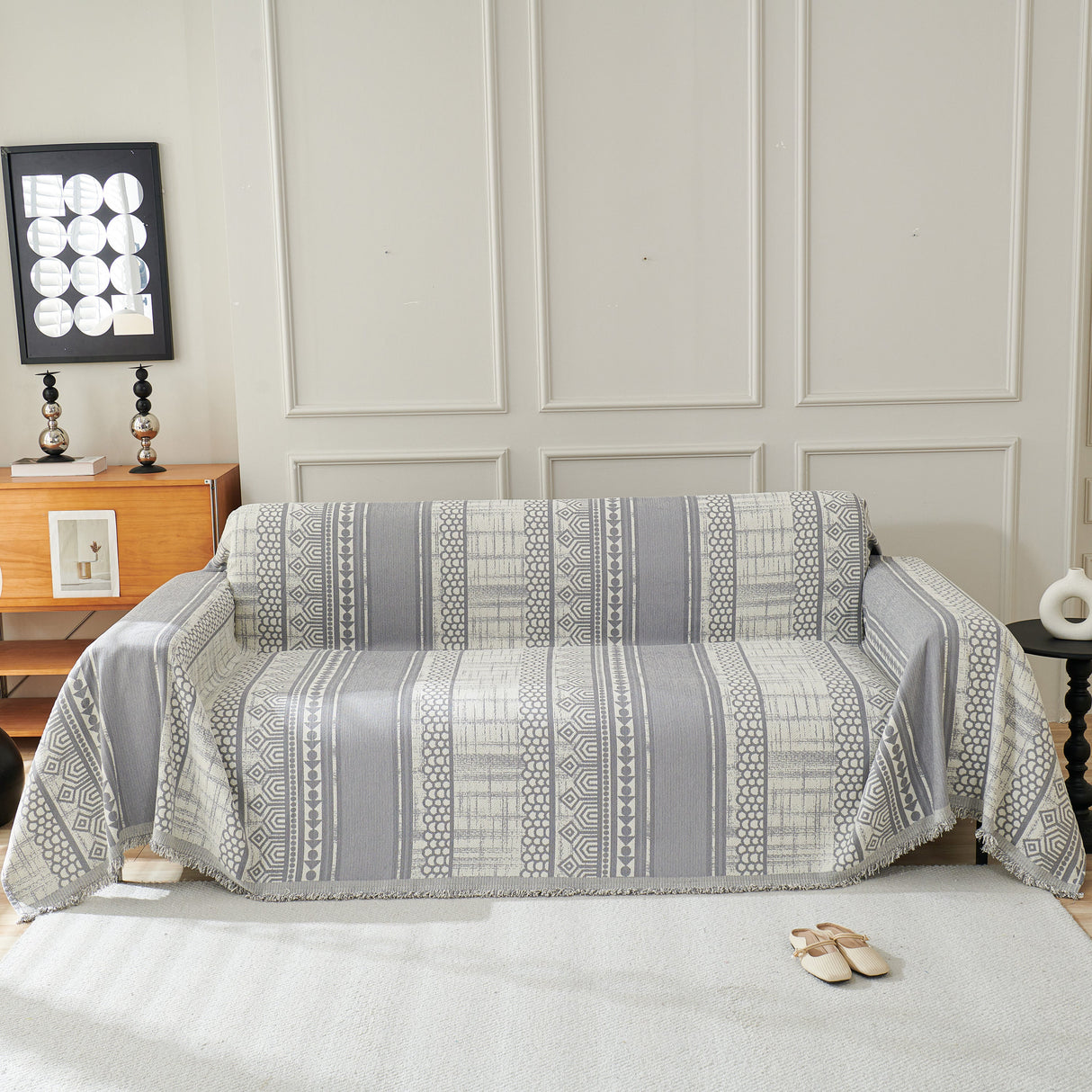 Chenille Sofa Cover Throw Blanket, Boho Geometric Scratch Proof Couch Protector