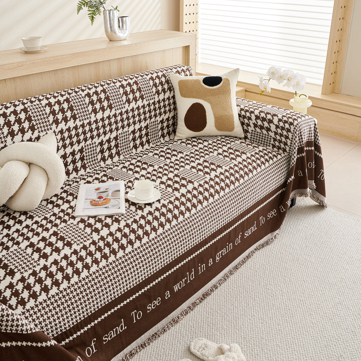 Chenille Houndstooth Couch Cover, Chaise Lounge Blanket Cover, Sectional Couch Scratch Protector