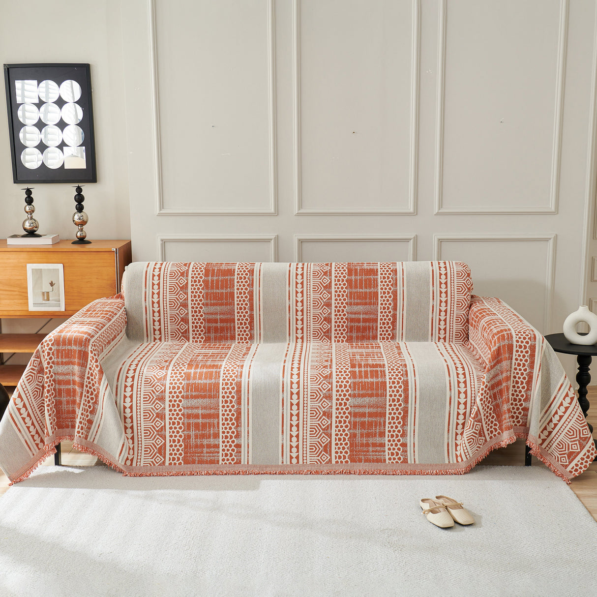 Chenille Sofa Cover Throw Blanket, Boho Geometric Scratch Proof Couch Protector