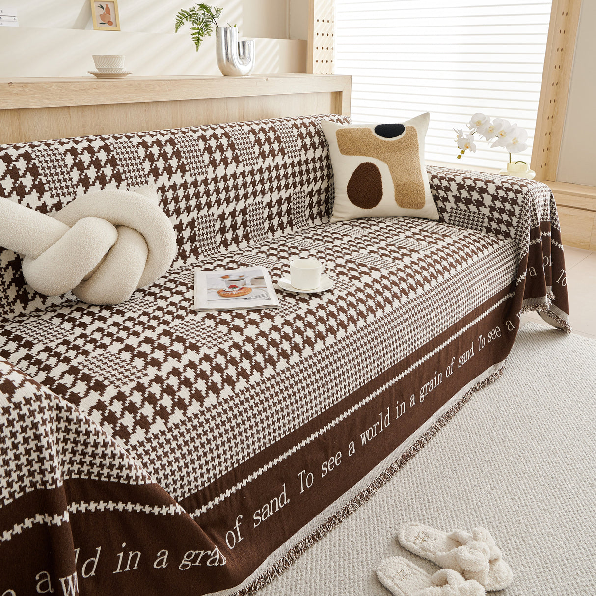 Chenille Houndstooth Couch Cover, Chaise Lounge Blanket Cover, Sectional Couch Scratch Protector