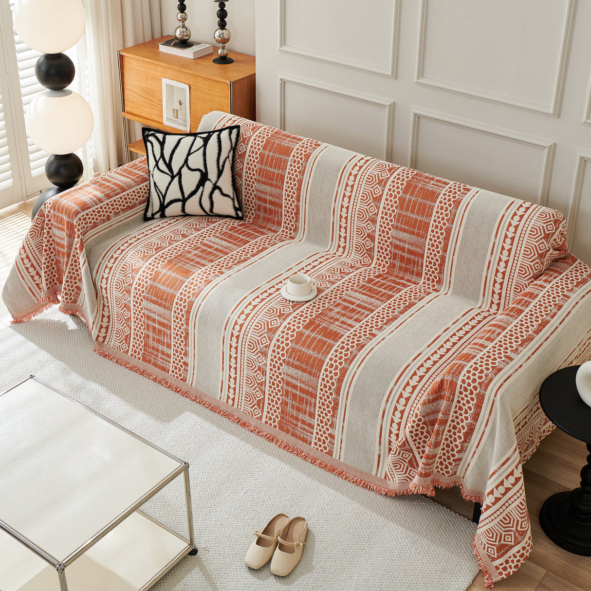 Chenille Sofa Cover Throw Blanket, Boho Geometric Scratch Proof Couch Protector