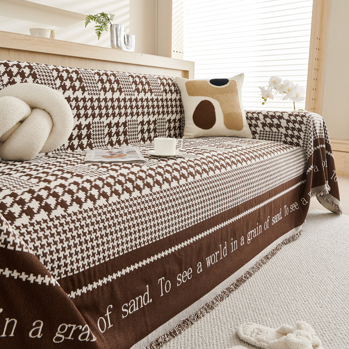 Chenille Houndstooth Couch Cover, Chaise Lounge Blanket Cover, Sectional Couch Scratch Protector