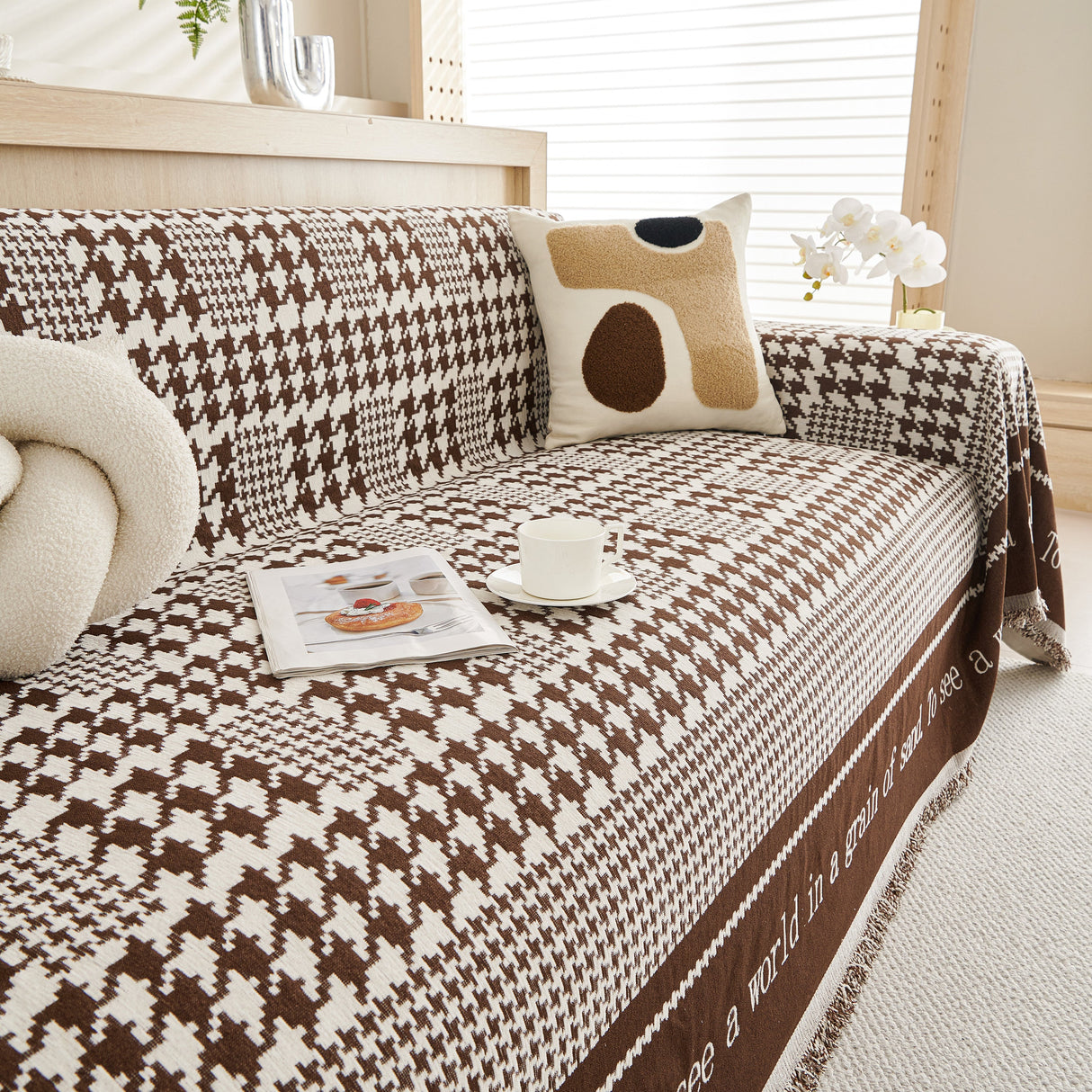 Chenille Houndstooth Couch Cover, Chaise Lounge Blanket Cover, Sectional Couch Scratch Protector