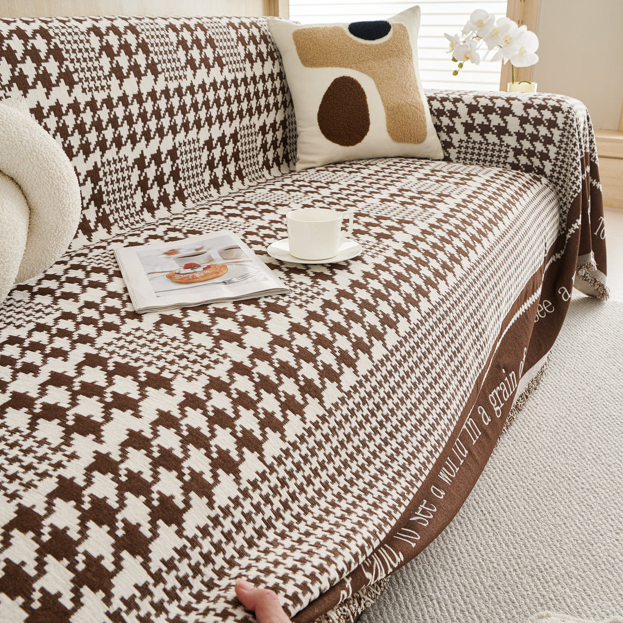 Chenille Houndstooth Couch Cover, Chaise Lounge Blanket Cover, Sectional Couch Scratch Protector